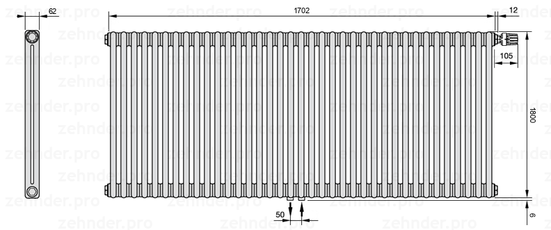 Схема (чертеж) Радиатор Zehnder Charleston 2180/37 №V008 Technoline TL